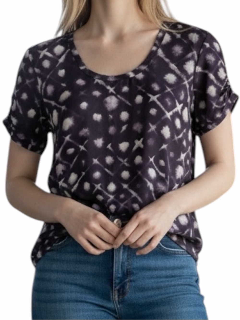 Simply Vera by Vera Wang Purple & White Short Sleeve Blouse